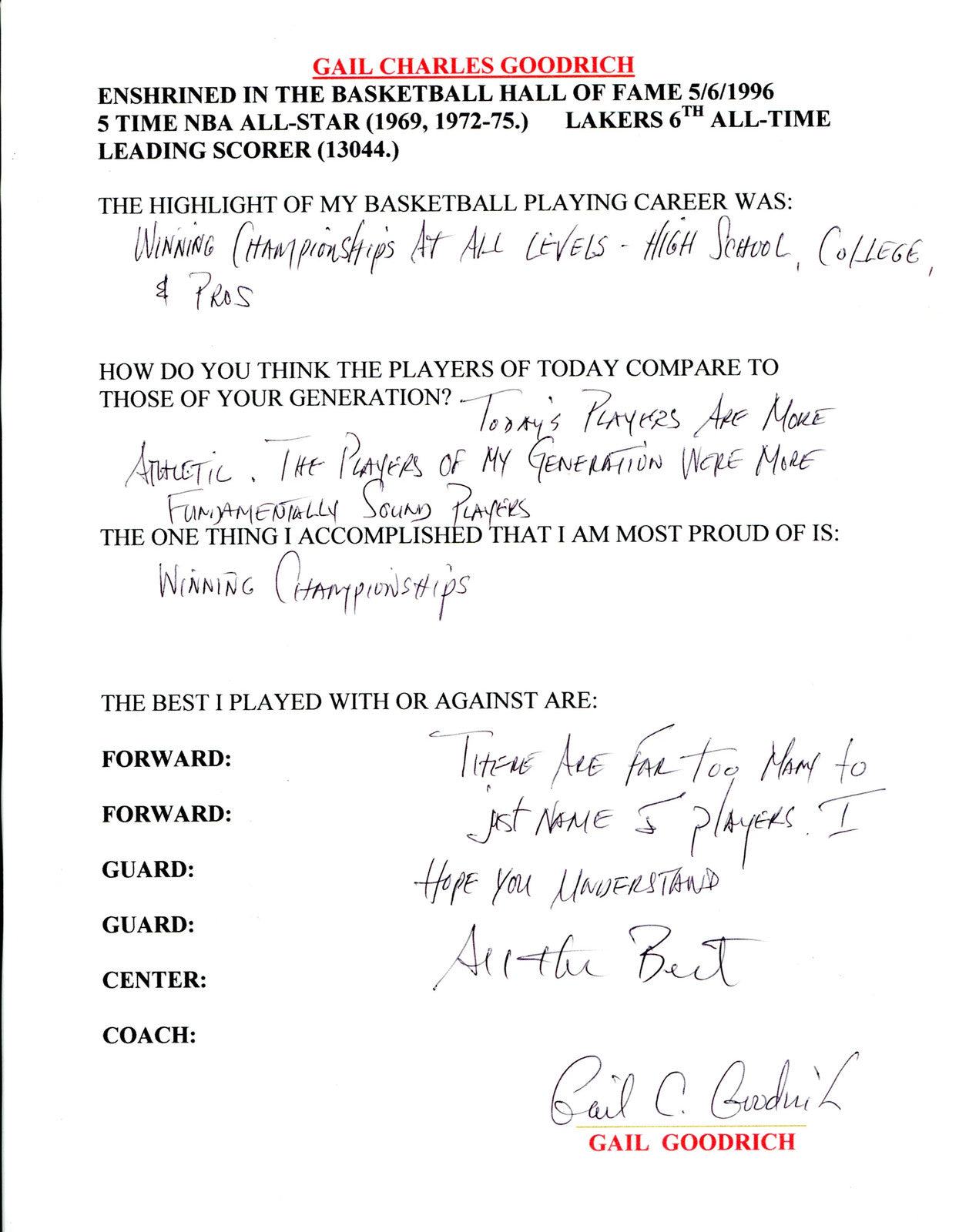 Gail Goodrich Autographed Hand Filled Out Survey Page (Jsa)