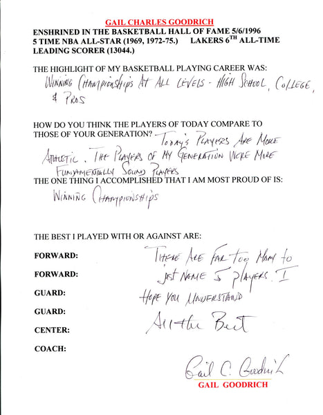 Gail Goodrich Autographed Hand Filled Out Survey Page (Jsa)