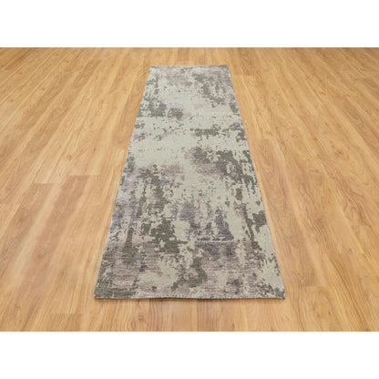 2'8"X9'7" Hi & Lo Pile Abstract Design Wool & Silk Hand Made Runner Rug