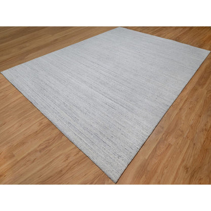 9'X12' Snow White Natural Wool Plain Modern Striae Design Hand Loomed Rug