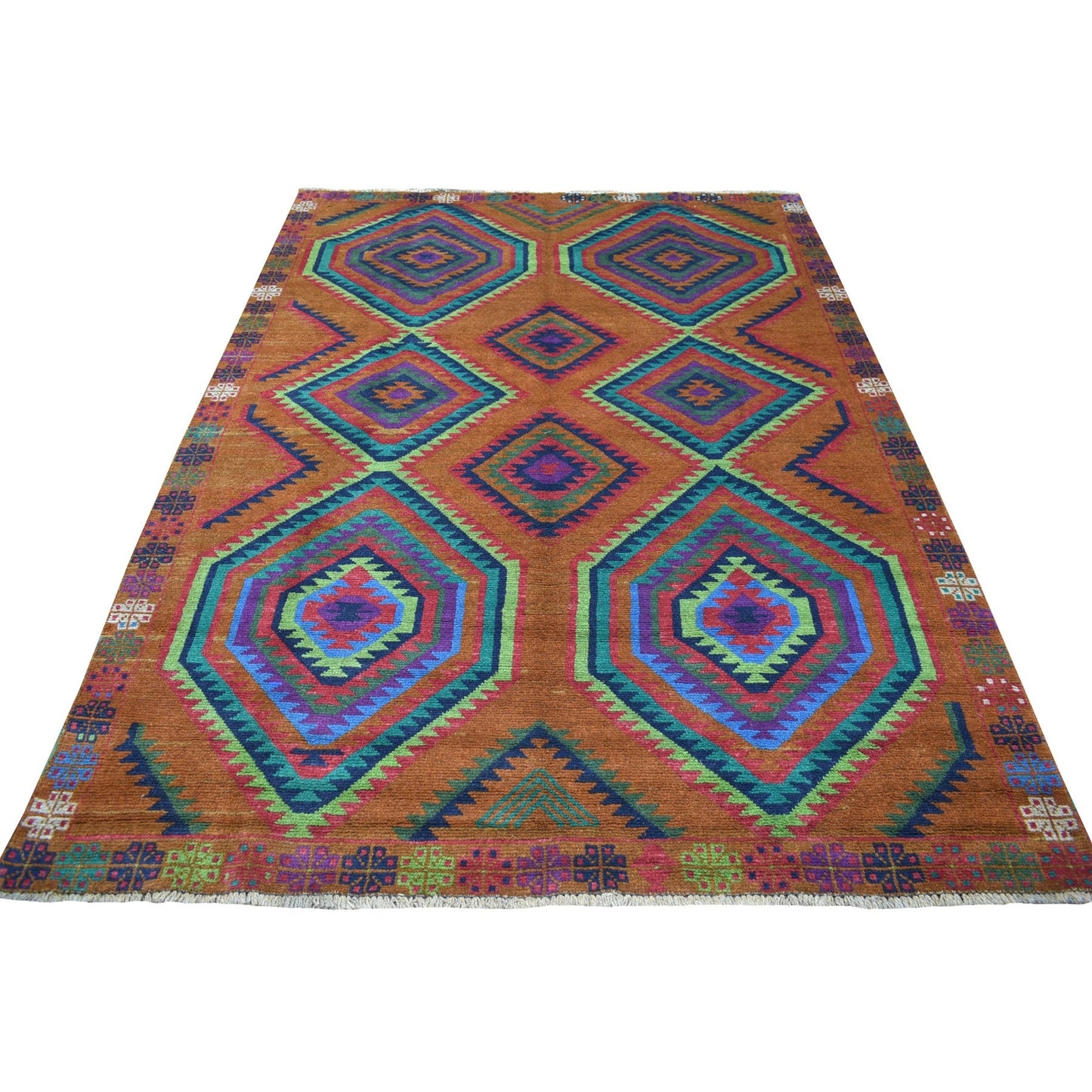 6'X8' Hand Knotted Geometric Design Pure Wool Colorful Afghan Tribal Rug
