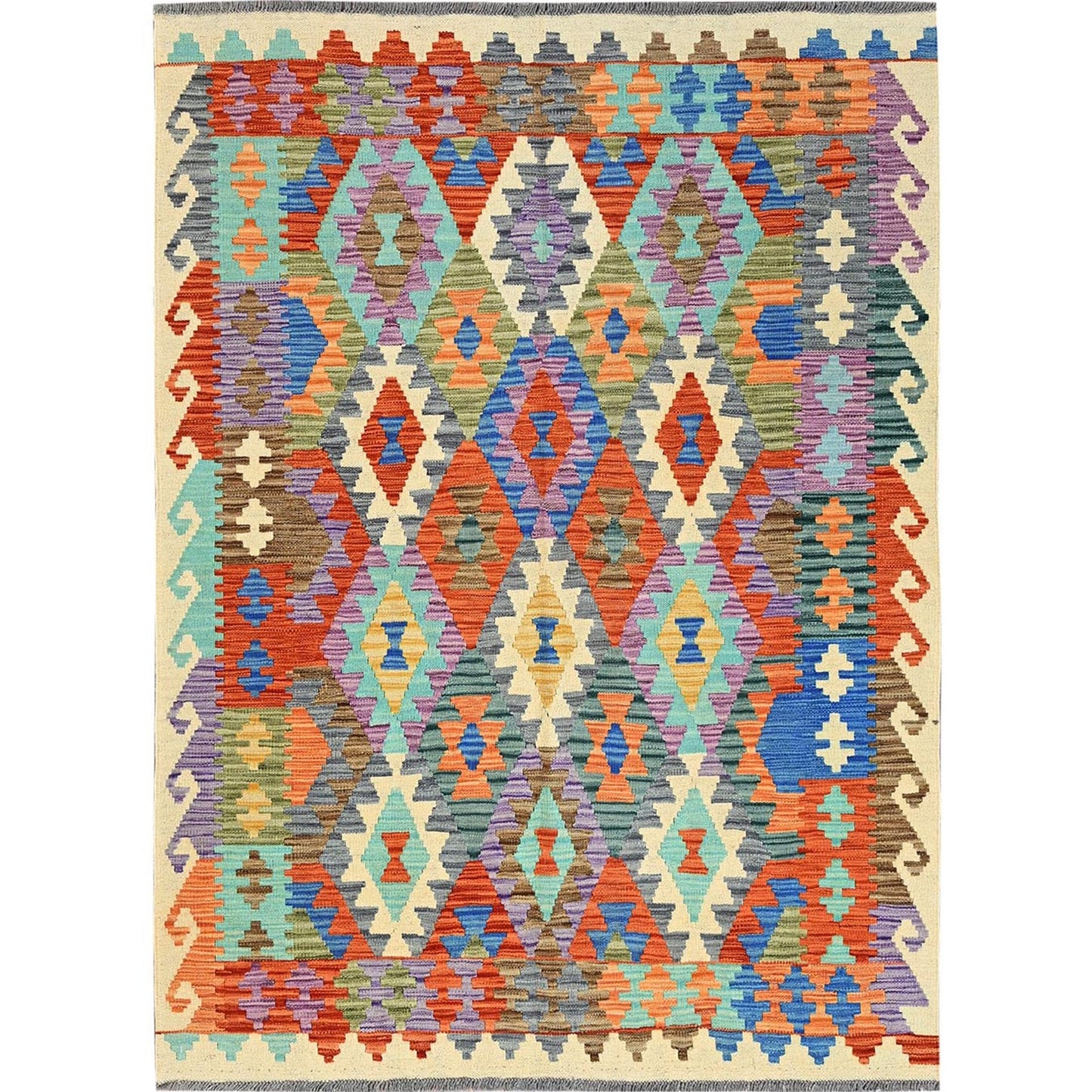 4'7"X6'2" Colorful Flat Weave Afghan Kilim 100% Wool Hand Woven Rug