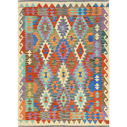 4'7"X6'2" Colorful Flat Weave Afghan Kilim 100% Wool Hand Woven Rug