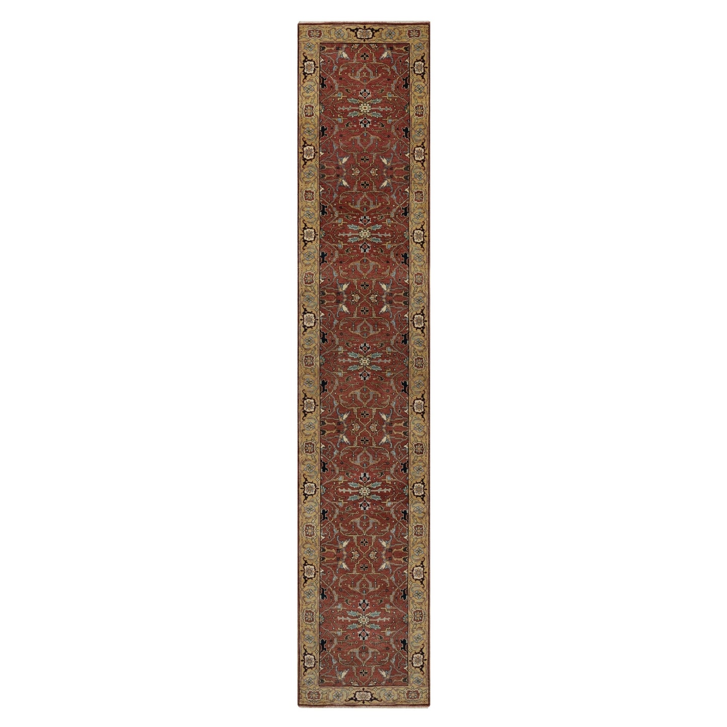 2'8"X14'1" Red Antiqued Heris Re-Creation Hand Knotted Wool Runner Rug