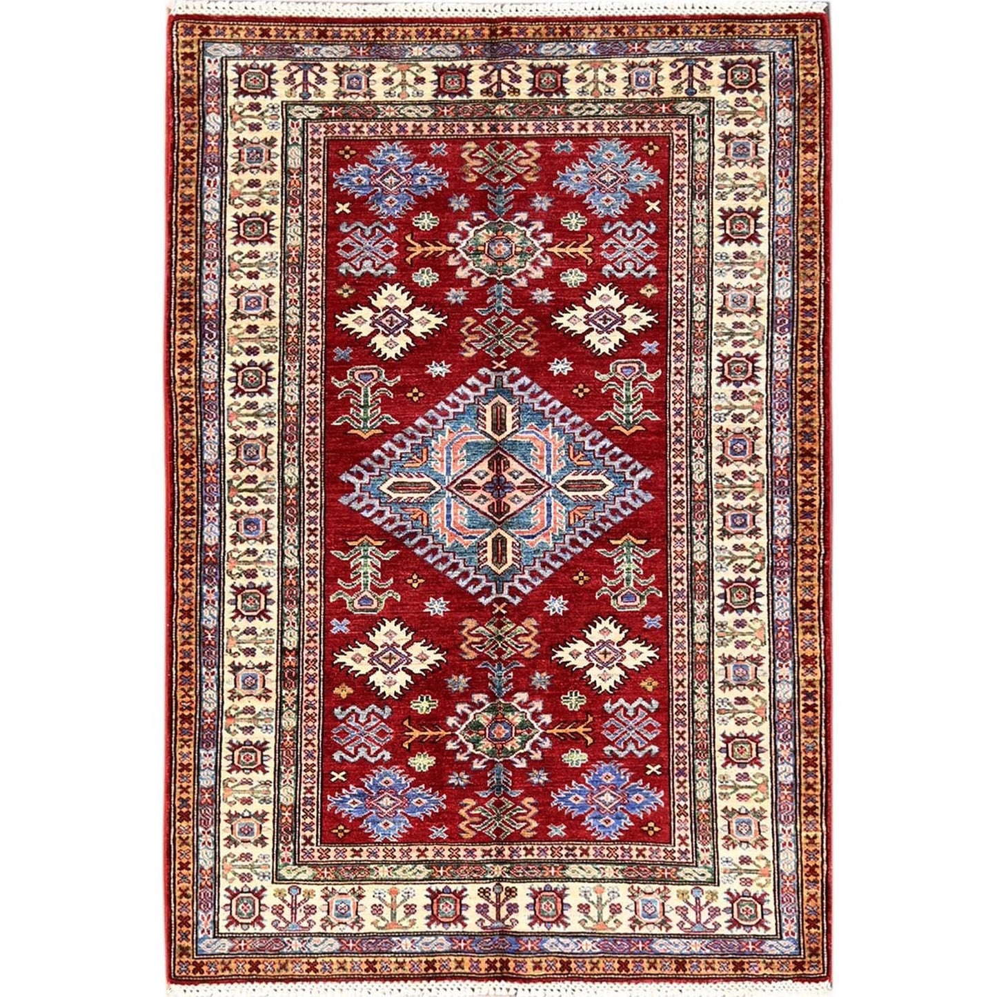4'X6' Ruby Red Afghan Super Kazak Hand Knotted Pure Wool Oriental Rug