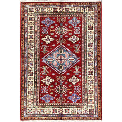 4'X6' Ruby Red Afghan Super Kazak Hand Knotted Pure Wool Oriental Rug
