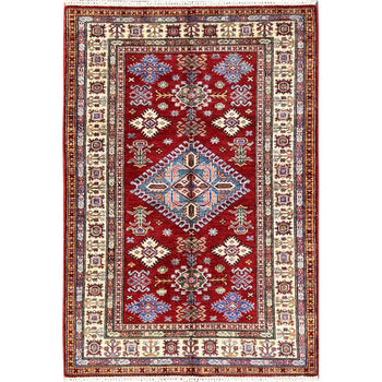 4'X6' Ruby Red Afghan Super Kazak Hand Knotted Pure Wool Oriental Rug