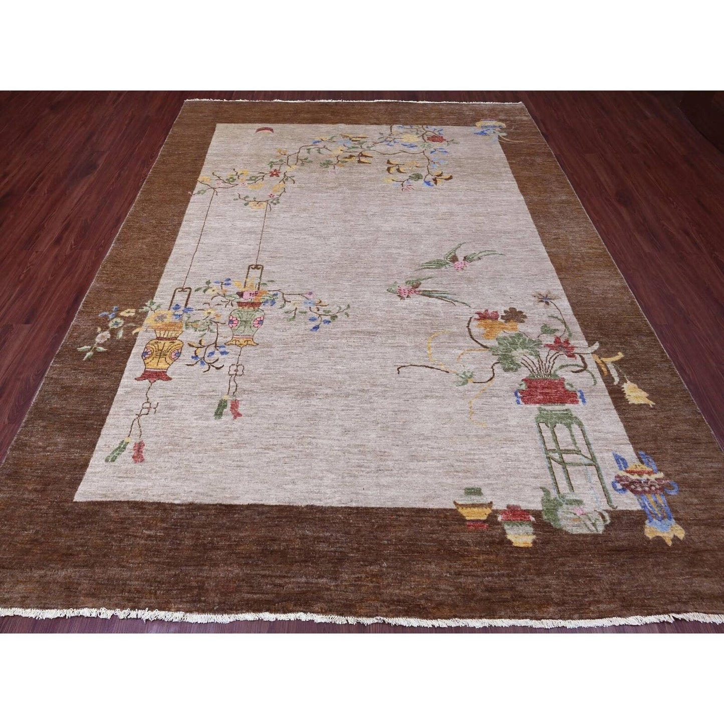 7'10"X10'1" White Chinese Art Deco Inspire Peshawar Hand Knotted Wool Rug