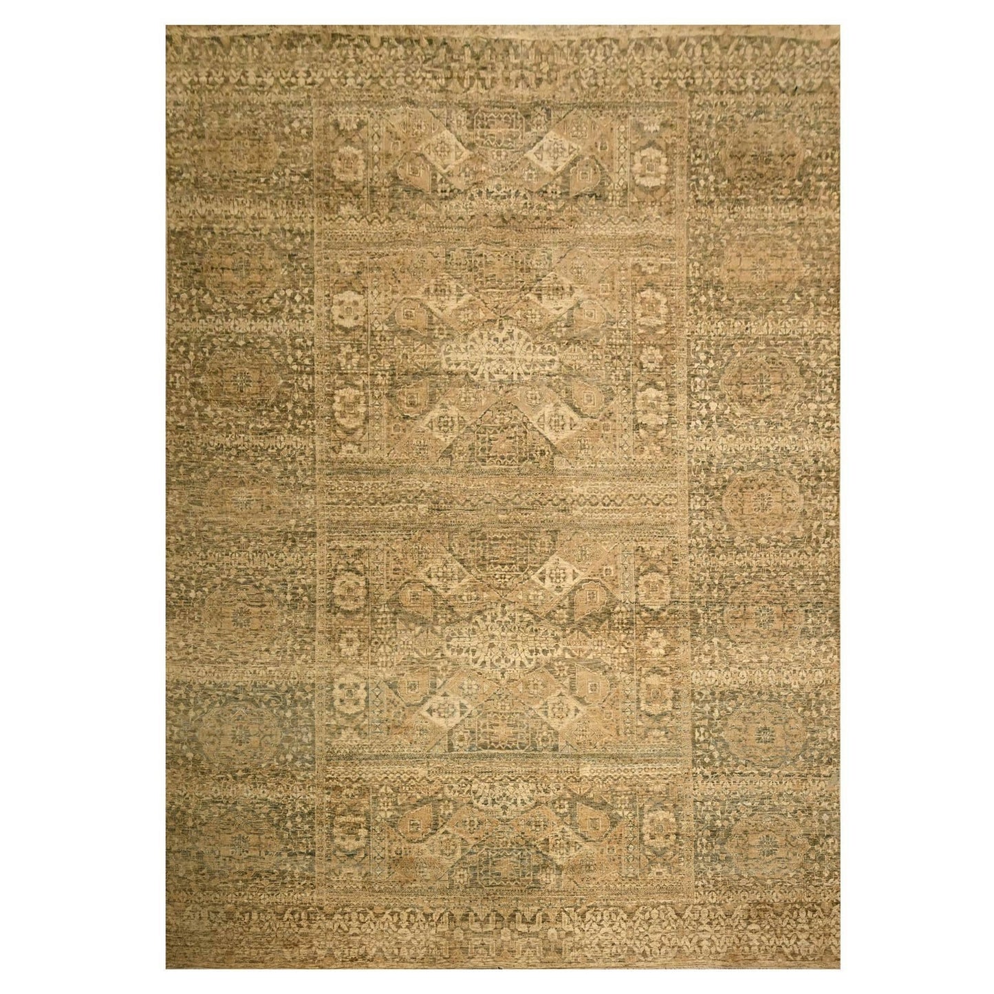 10'X13'8" Brown Mamluk Design Hand Knotted Wool Zero Pile Shaved Low Rug