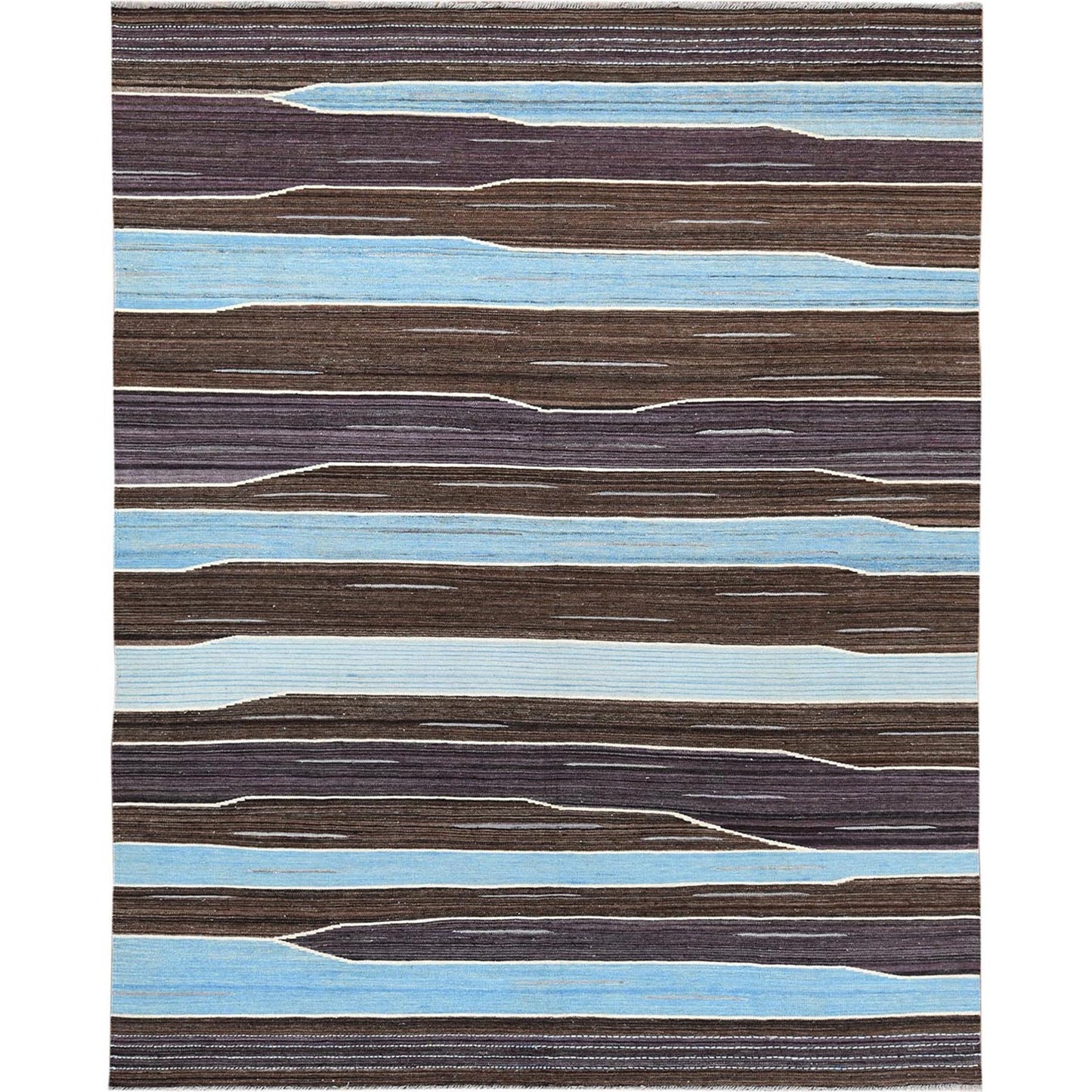 8'2"X10'1" Hand Woven Brown And Blue Mountain Design Flat Weave Kilim Rug