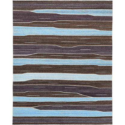 8'2"X10'1" Hand Woven Brown And Blue Mountain Design Flat Weave Kilim Rug