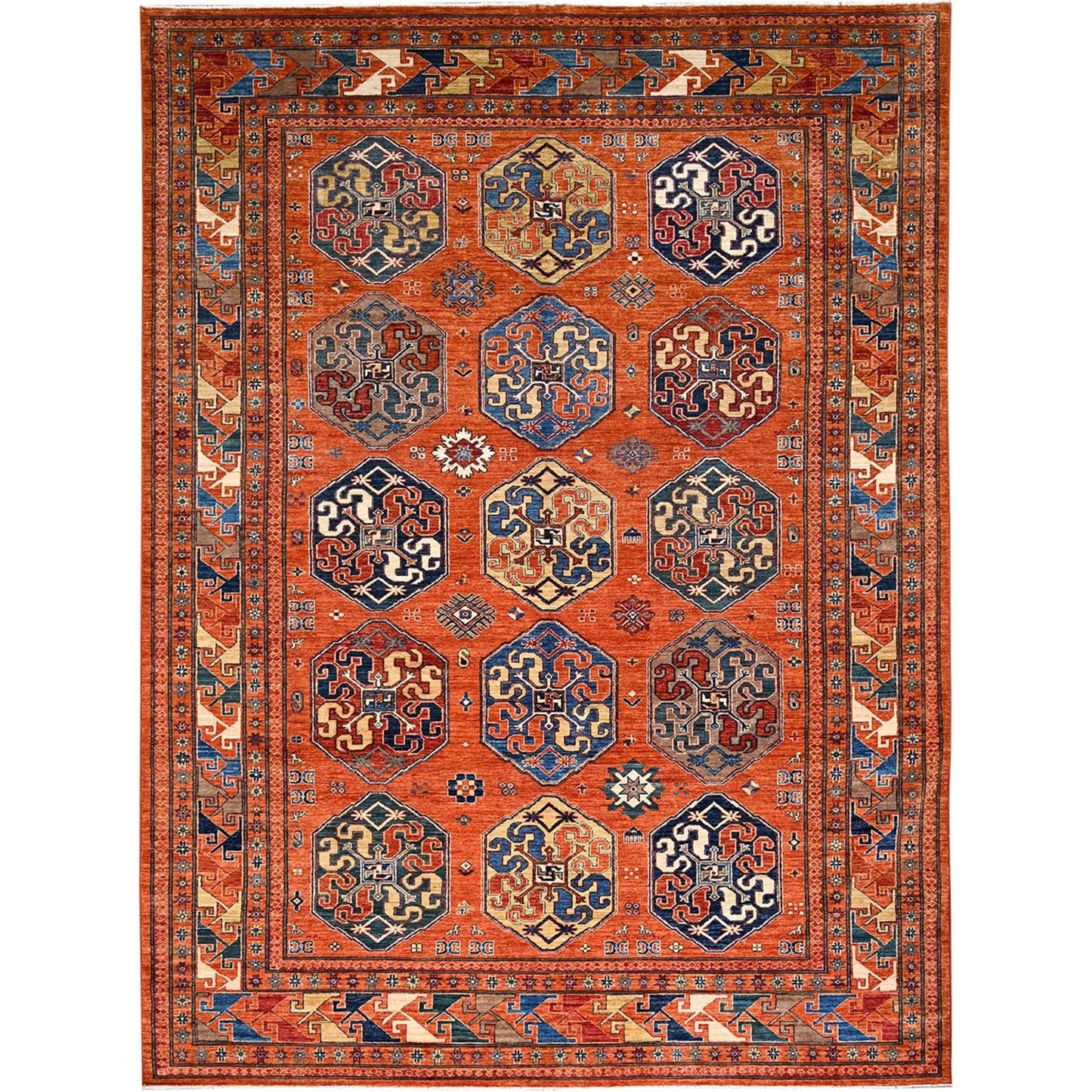 8'10"X11'10" Sun Orange Super Kazak Geometric Wool Hand Knotted Rug