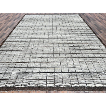 10'5"X13'8" White Moroccan Weave With Box Design All Wool Hand Knotted Rug