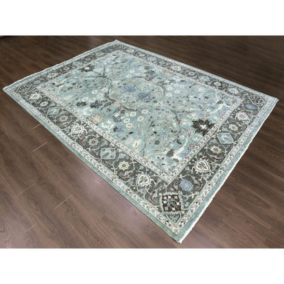 9'X11'9" Teal Green Hand Knotted Oushak With Floral Motifs Soft Wool Rug