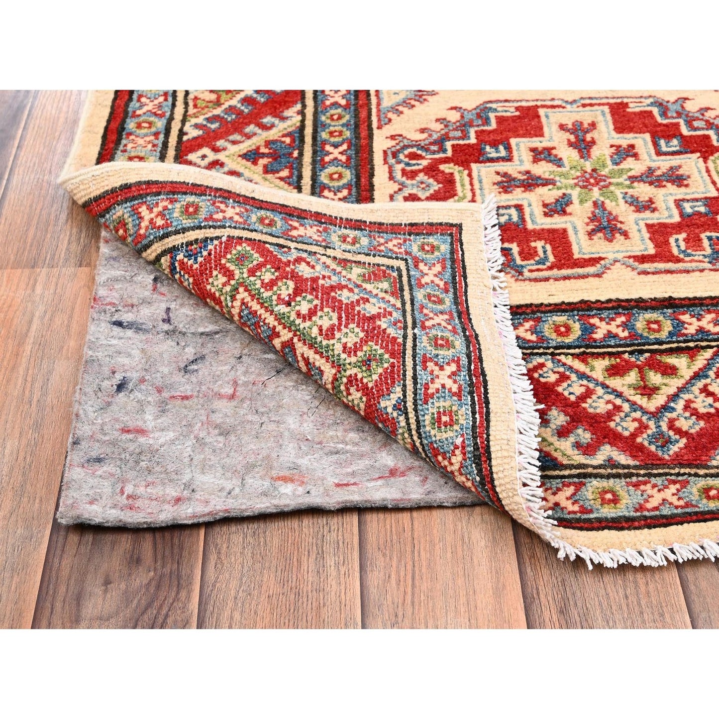 2'9"X15'5" Ivory Hand Knotted Rug Wool Kazak With Geometric Design Runner