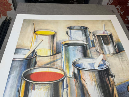 WAYNE THIEBAUD Paint Cans 39" x 27" Poster 1990 Pop Art Brown