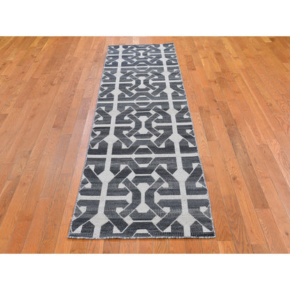 2'7"X10' Geometric Flat Weave Wool Reversible Kilim Runner Hand Woven Rug