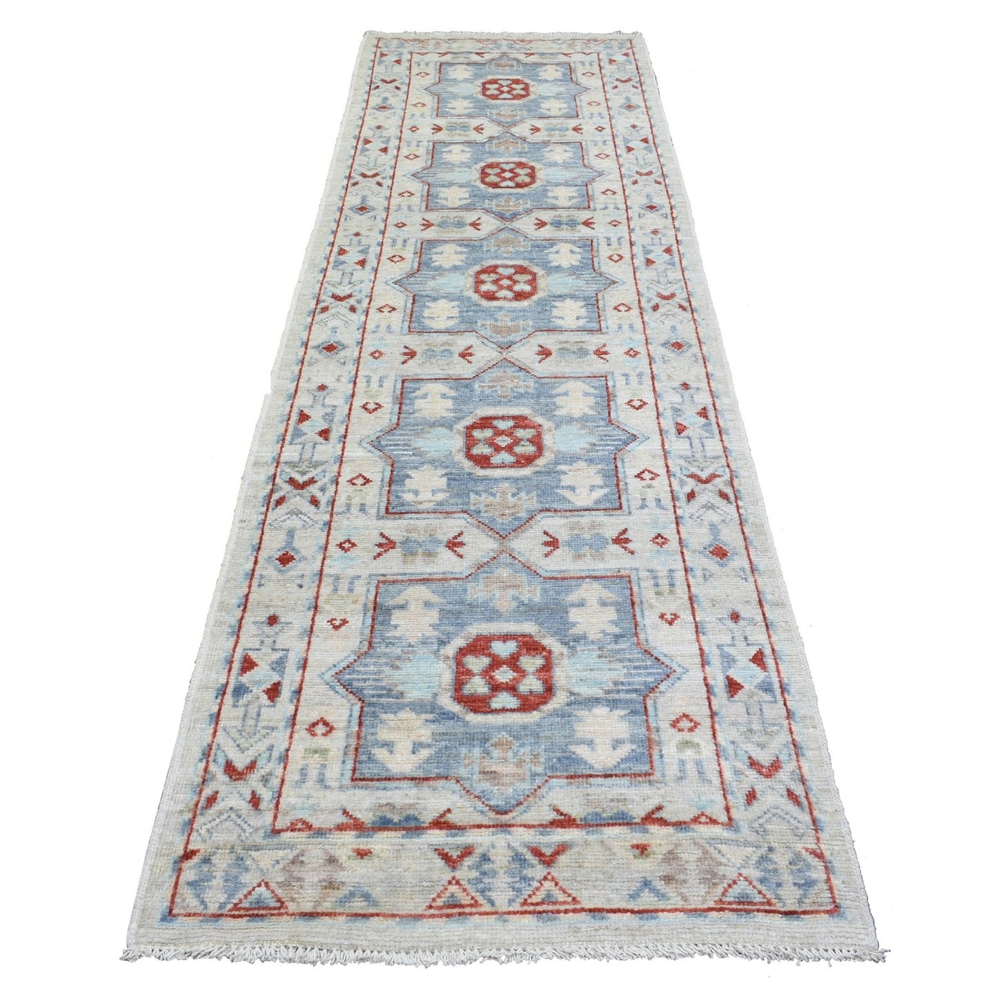 3'1"X10'2" Gray Anatolian Inspired Geometric Hand Knotted Wool Runner Rug