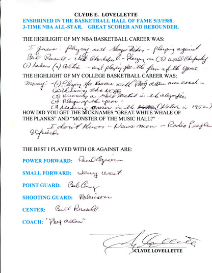 Clyde Lovellette Autographed Hand Filled Out