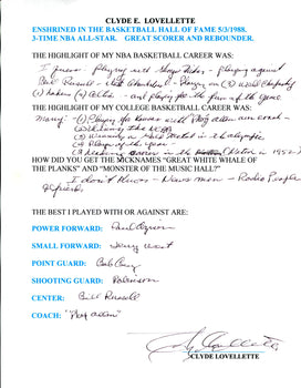 Clyde Lovellette Autographed Hand Filled Out