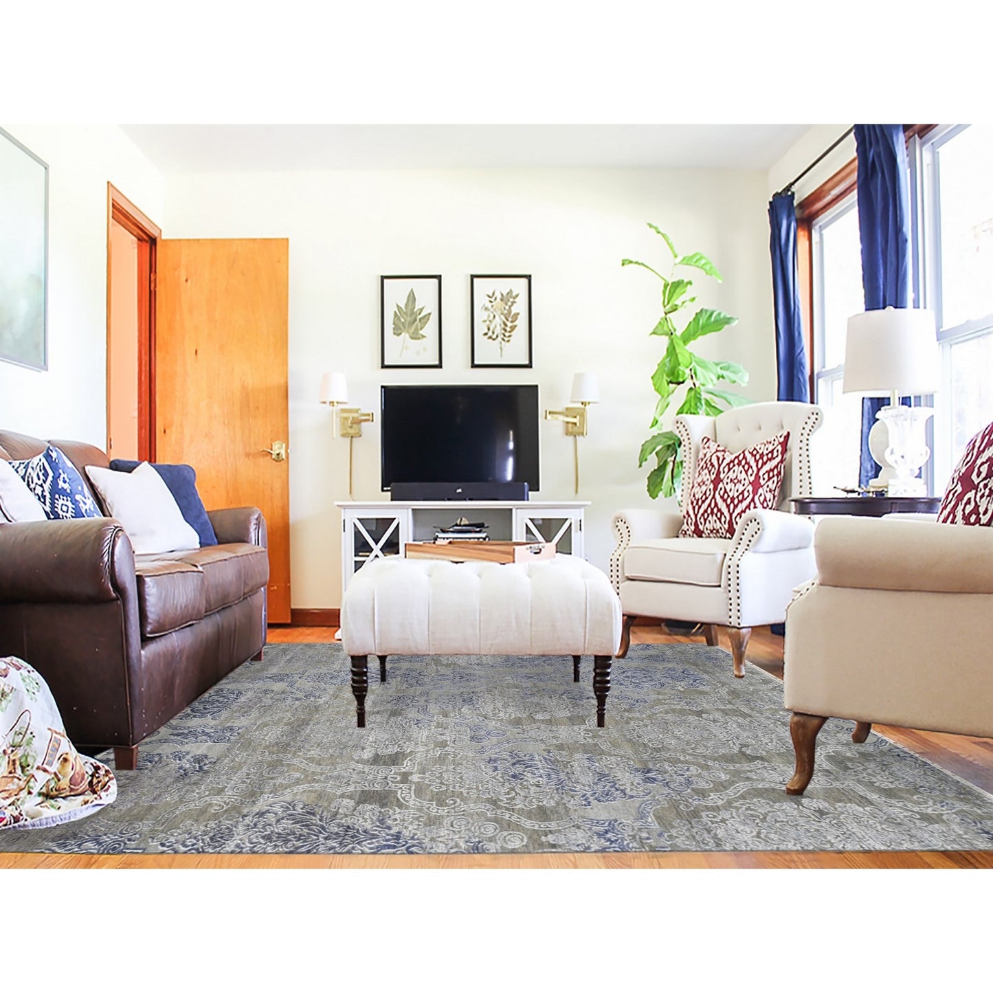 8'1"X10'4" Taupe Silk With Textured Wool Hand Knotted Transitional Rug