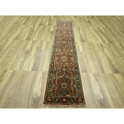2'6"X12' Brick Red Heris All Over Design Hand Knotted All Wool Runner Rug