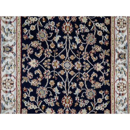2'8"X18'1" Blue Nain Flower Design Wool And Silk Hand Knotted Runner Rug