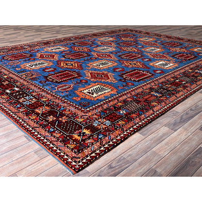 10'1"X13'4" Blue Afghan Caucasian Design Revival Hand Knotted Soft Wool Rug