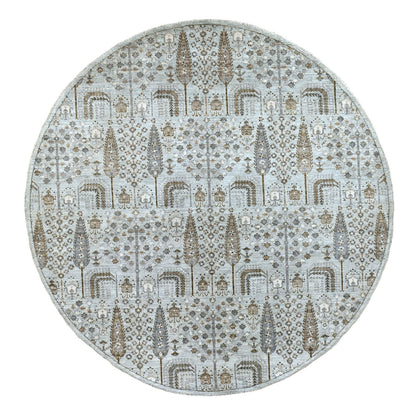 8'3"X8'3" Gray Peshawar With Folk Art Cypress Tree Design Shiny Wool Rug