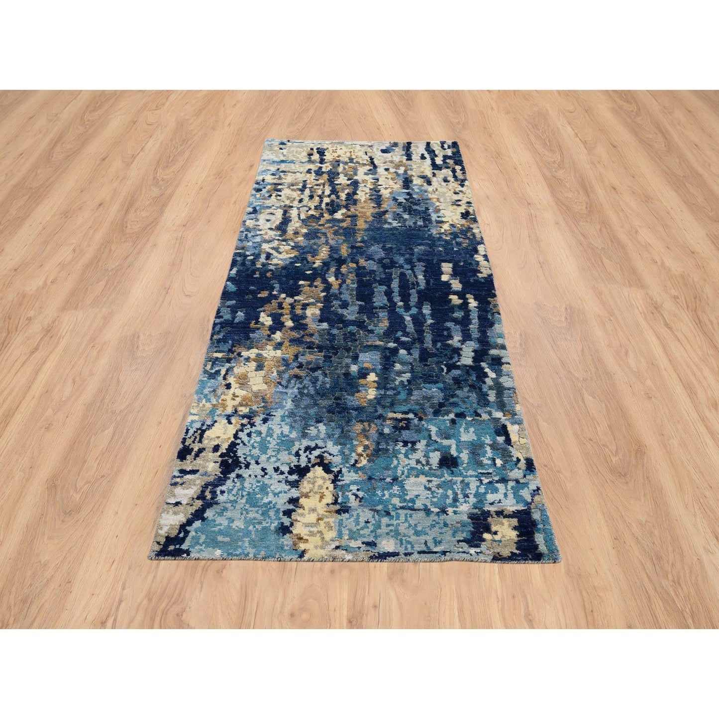2'6"X8' Denim Blue Mosaic Design Wool And Silk Hand Knotted Runner Rug