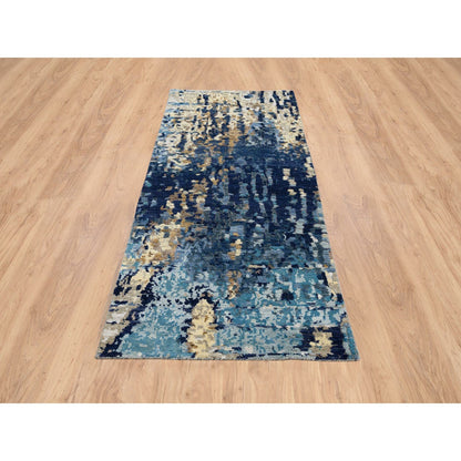 2'6"X8' Denim Blue Mosaic Design Wool And Silk Hand Knotted Runner Rug