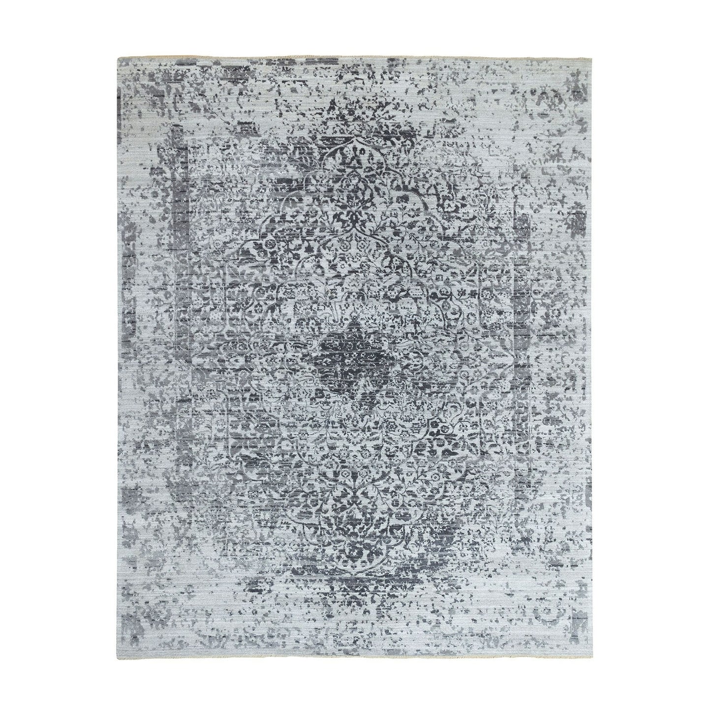 8'X10'1" Hand Knotted Grey Broken Farsian Design Wool And Pure Silk Rug