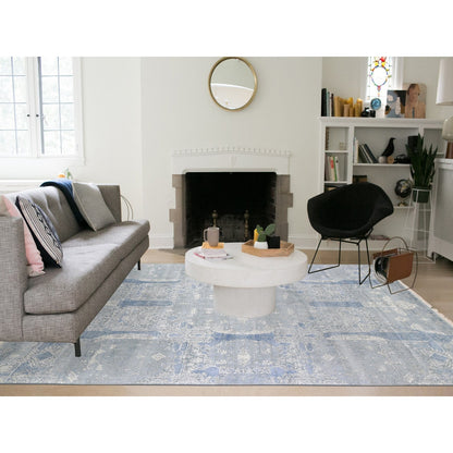 9'X12'2" Wool And Pure Silk Hand Knotted Blue Jewellery Design Rug