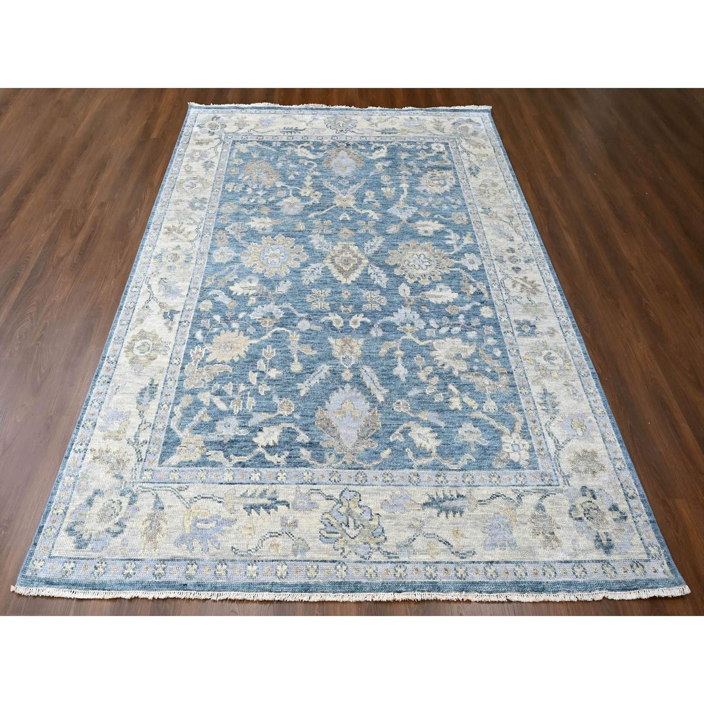 9'X12'1" Aegean Blue Oushak Design Hand Knotted Soft Wool Oriental Rug