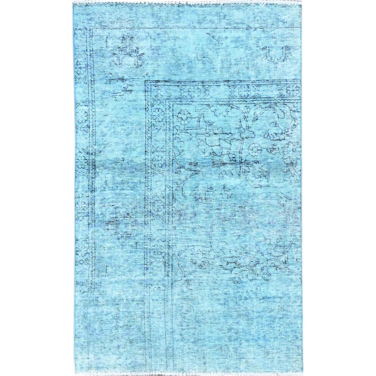 3'1"X5'1" Blue Overdyed Vintage Zoroastrian Tebraz Hand Knotted Wool Rug