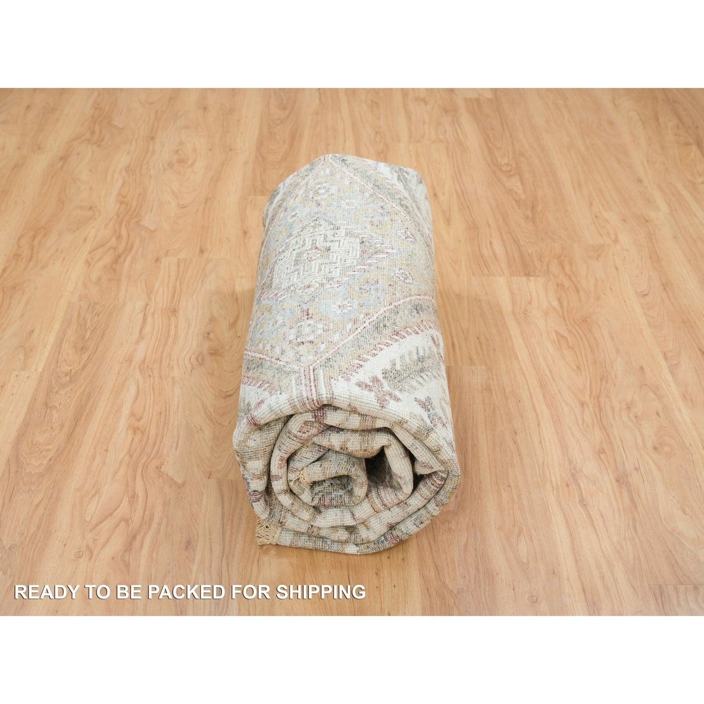 9'9"X9'9" Ivory Hand Knotted Flower Rosettes Border Round Oriental Rug