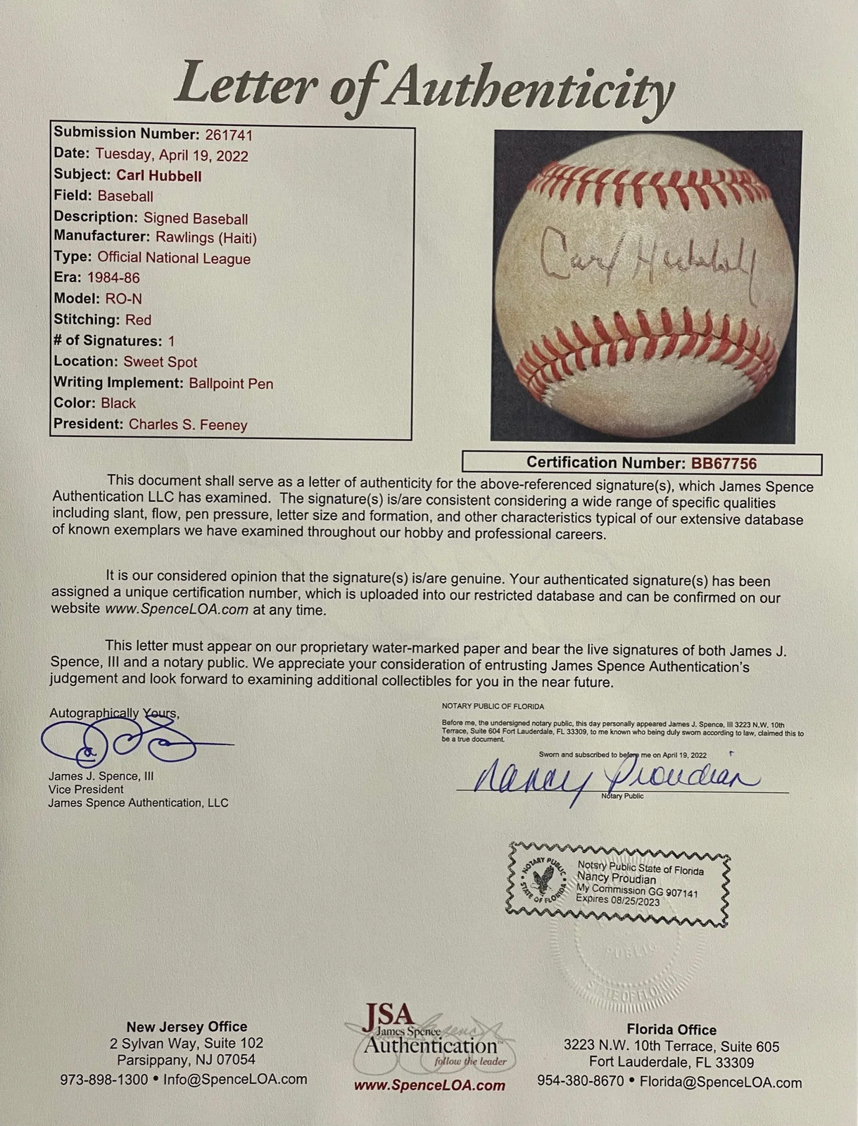 Carl Hubbell Autographed Official Baseball (Jsa)