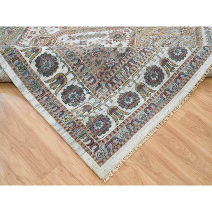 9'10"X10' Ivory Wool Hand Knotted Flower Rosettes Border Oriental Rug