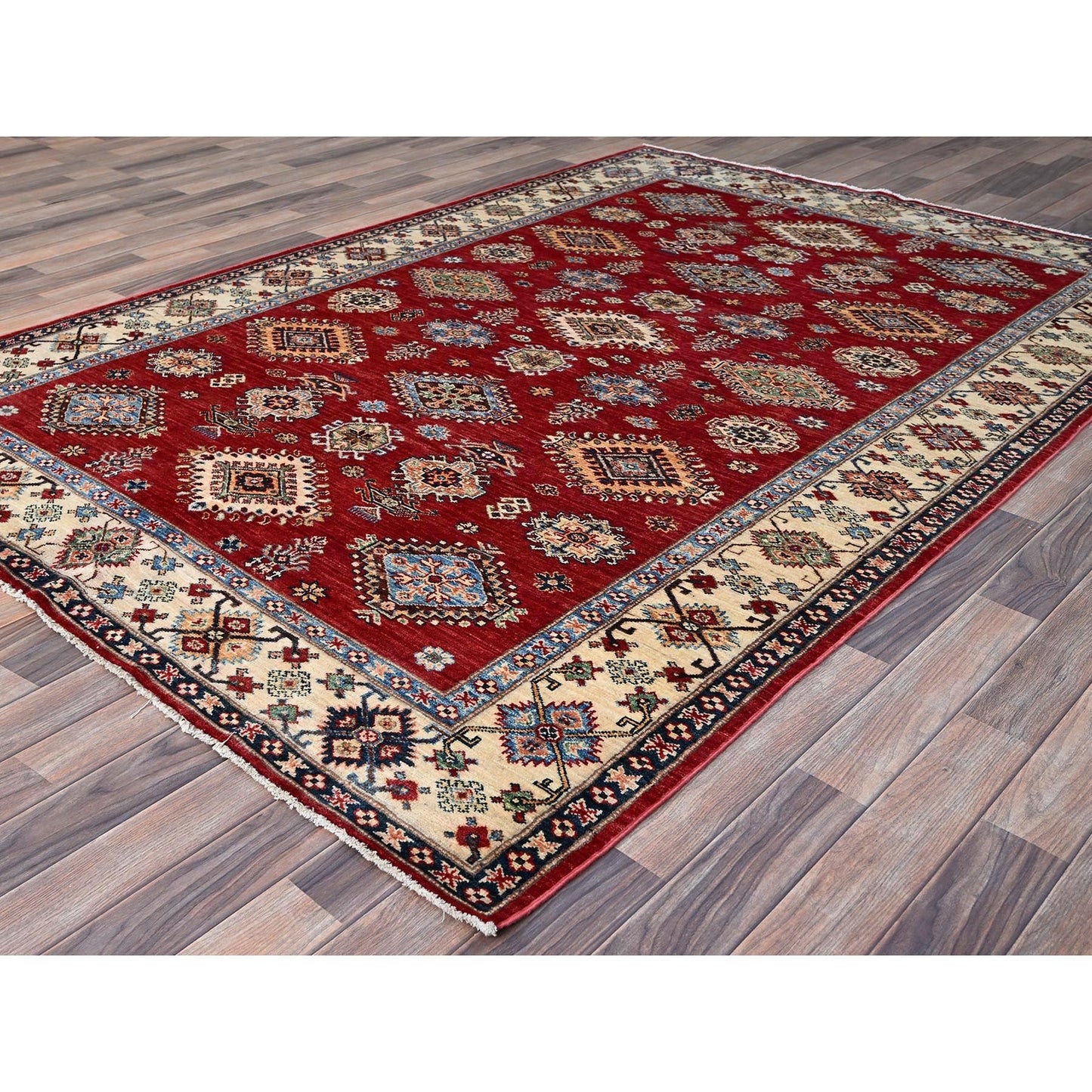 6'X8'8" Fire Brick Red Wool Tribal Super Kazak Hand Knotted Oriental Rug