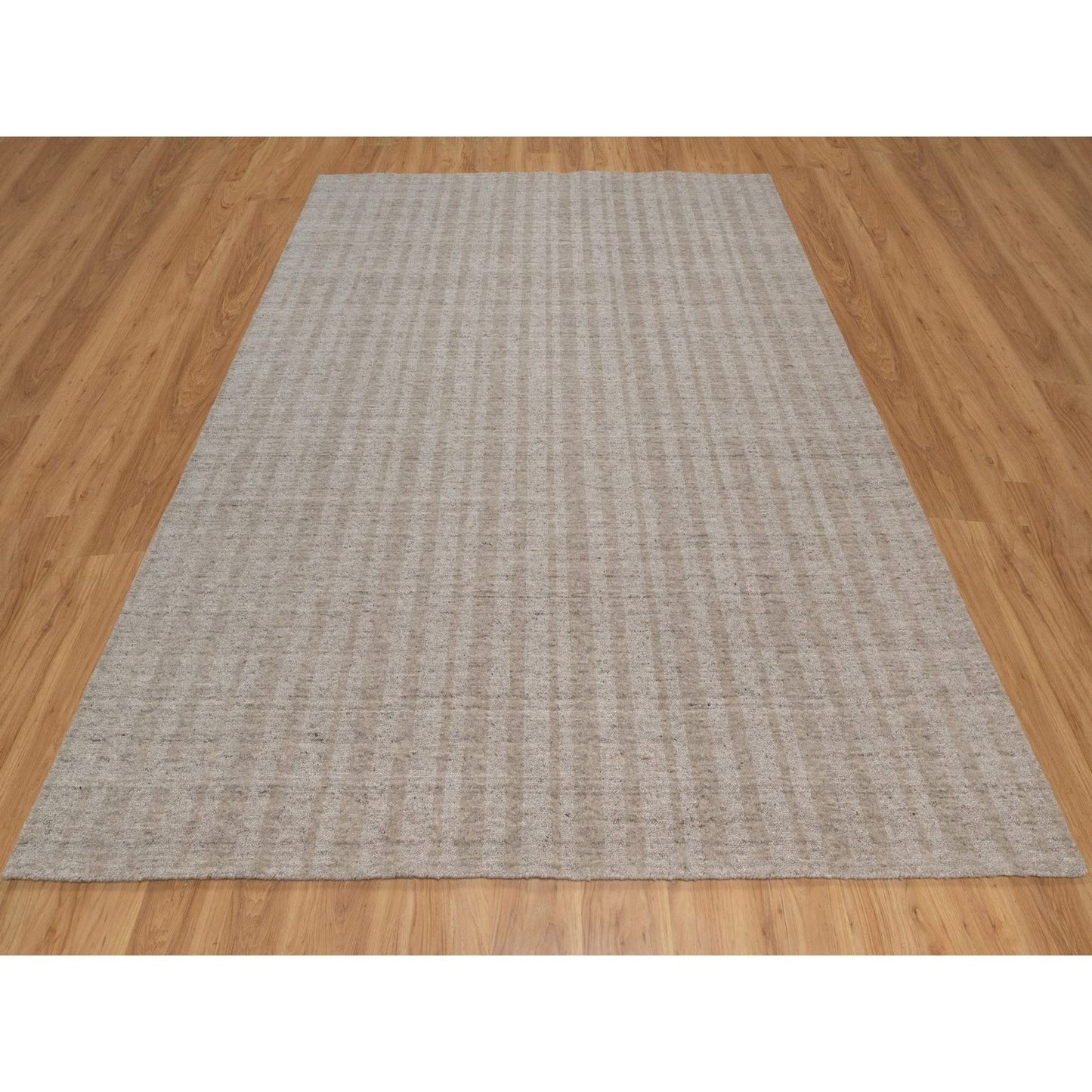 8'1"X10' Tan Brown Hand Loomed Vertical Stripes Design Natural Wool Rug