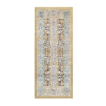 4'2"X10' Gold Brown Hand Knotted Silk With Wool Wide Runner Rug