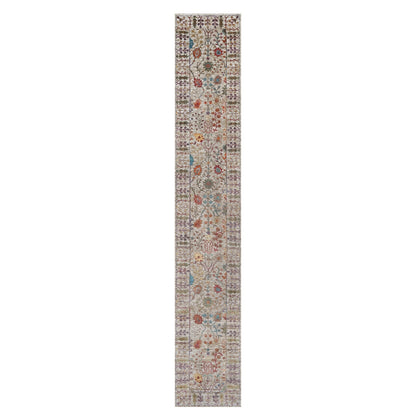 2'8"X16'2" White Vase Design Silk & Textured Wool Hand Knotted Runner Rug