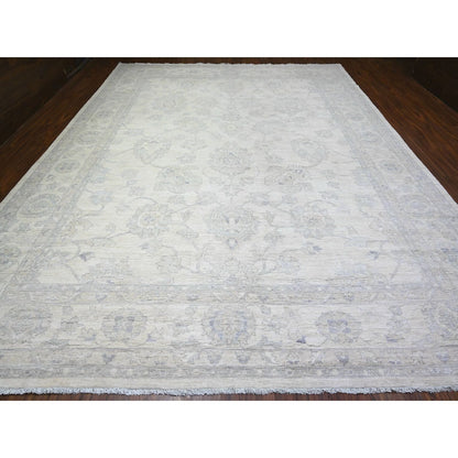 11'8"X15' Dove White Wool White Wash Peshawar Hand Knotted Oversized Rug