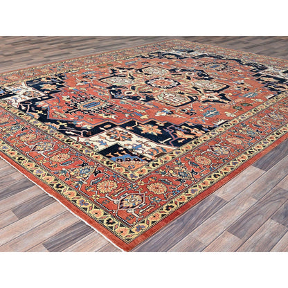 9'1"X12' Indian Red Hand Kontted Wool Afghan Seeripe Heris Design Rug
