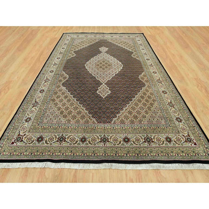 9'8"X14'2" Smoky Black Hand Knotted Wool Tebraz Mahi Fish Medallion Rug
