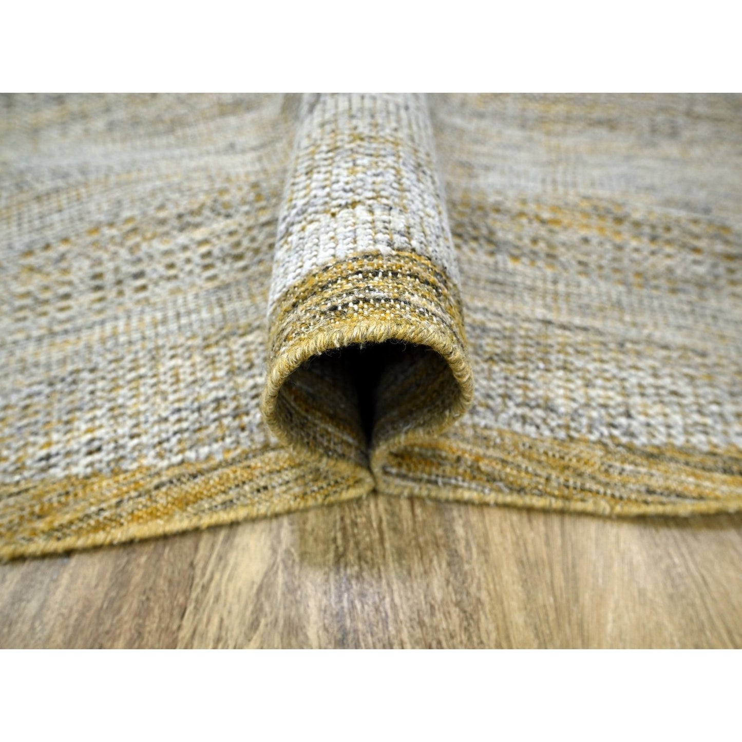 11'10"X11'10" Yellow Hand Knotted Rug Wool Distressed Grass Design Round