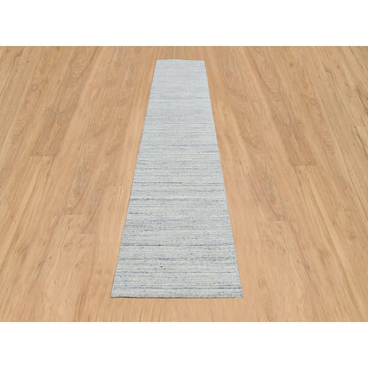 2'6"X12' Ivory Plain Modern Striae Design Wool Hand Loomed Runner Rug