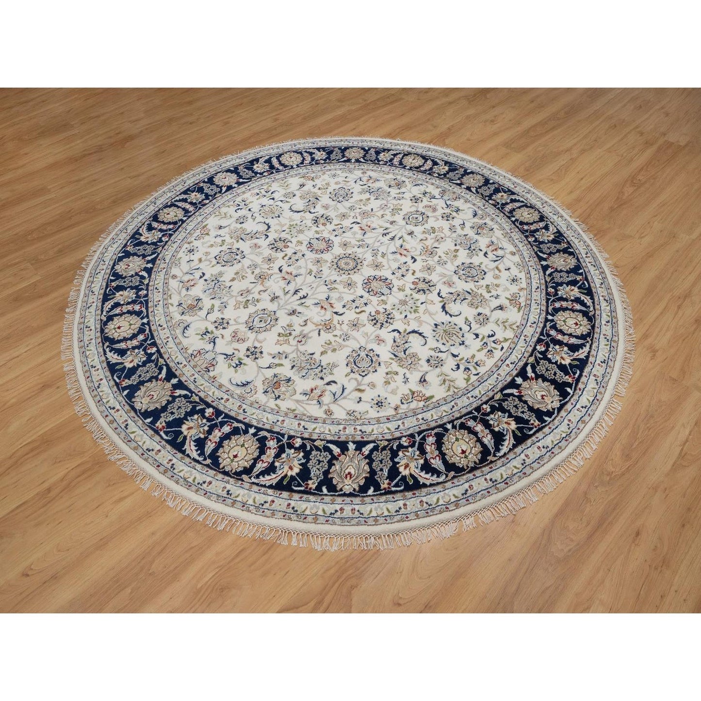 7'9"X7'9" Ivory Wool And Silk Nain Flower Design Hand Knotted Round Rug