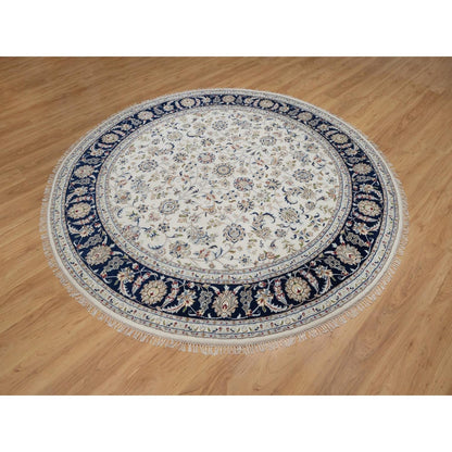 7'9"X7'9" Ivory Wool And Silk Nain Flower Design Hand Knotted Round Rug