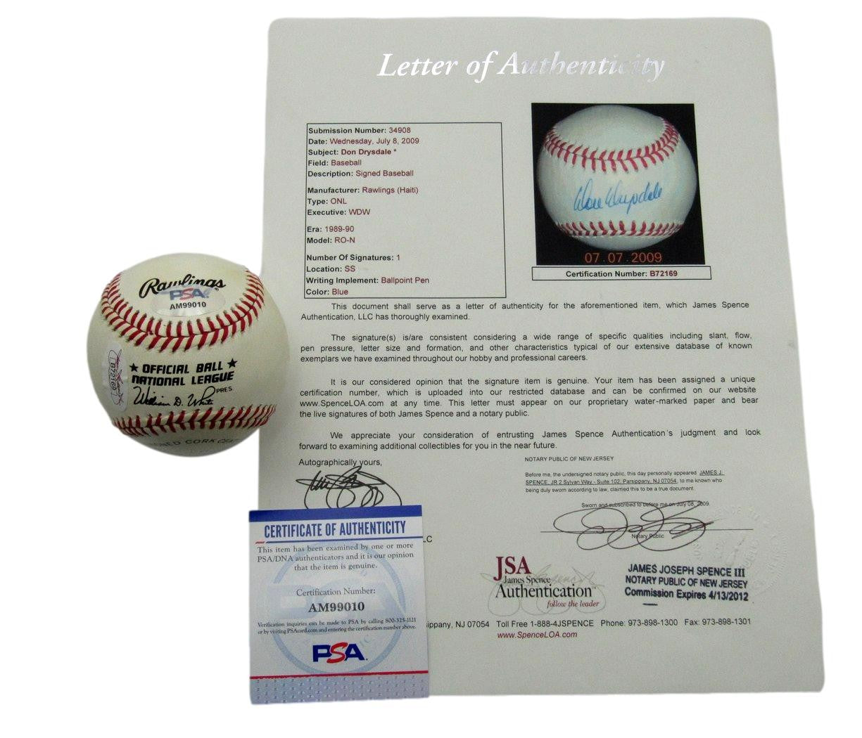 Don Drysdale Hof Signed Onl Baseball Los Angeles Dodgers Psa/Dna Jsa 185329